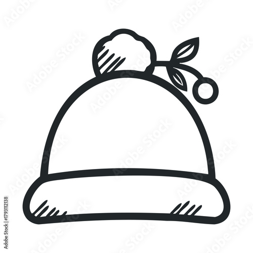 Cozy winter hat with pom pom and leaf for seasonal warmth.Vector outline icon