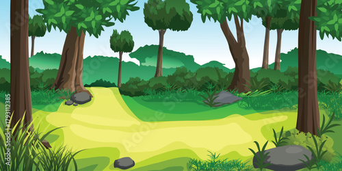 Vibrant Cartoon Forest Path Landscape. vector jungle landscape