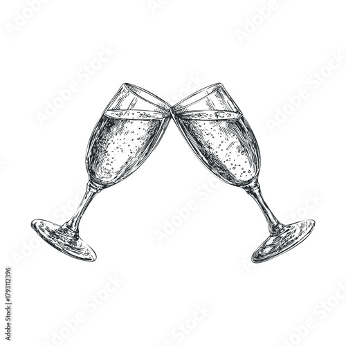 Celebration of friendship with clinking glasses of sparkling drink.Vector hand draw