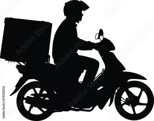 Black silhouette of a person riding a scooter with a delivery box, silhouette, scooter, motorcycle, delivery, rider, person, box, transportation, vehicle, black and white, graphic, icon, symbol, servi