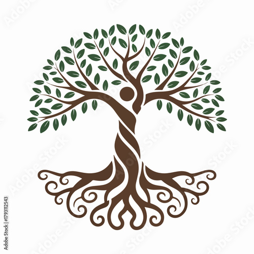 Abstract vector illustration of a tree silhouette with green leaves, roots, and branches, representing nature, ecology, and life design elements
