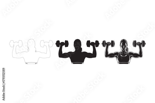 Silhouettes of a person lifting dumbbells in three distinct styles