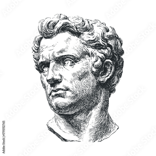 Classic marble sculpture of a Roman figure with detailed features.Vector hand draw