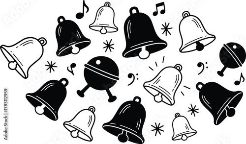 Doodle style seamless pattern with bells music notes and tambourine