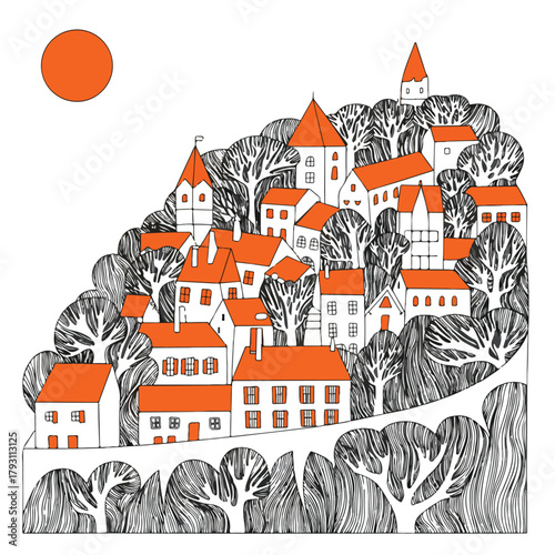 Abstract vector illustration of a cartoon fairy tale castle building and tree in a fantasy medieval town