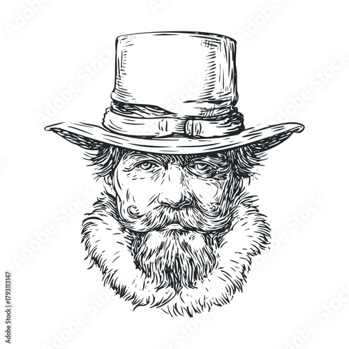 Vintage gentleman with a tall hat and fur collar for design projects.Vector hand draw