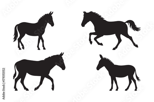 Four silhouettes of horses in different poses