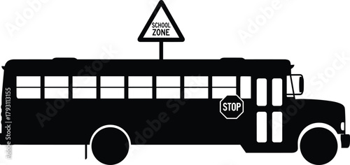 Black silhouette of a school bus with stop sign and school zone sign, school bus, silhouette, black and white, transportation, vehicle, stop sign, school zone, traffic sign, children, education, safet