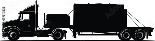 Black silhouette of a semi truck with a flatbed trailer carrying cargo, truck, semi truck, tractor trailer, lorry, freight truck, cargo truck, transportation, logistics, delivery, hauling, transport, 