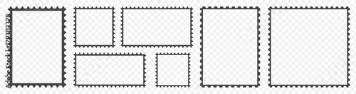 Set of blank rectangle and square postage stamp vector icons. Postage stamp set. Mockup postage stamps. Blank postage stamp borders templates.