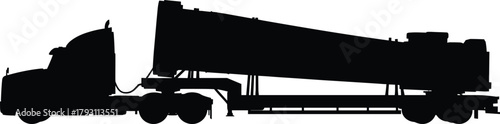 Black silhouette of a semi truck with a large trailer, truck, semi truck, trailer, tractor trailer, vehicle, transportation, cargo, logistics, silhouette, black and white, monochrome, industrial, frei