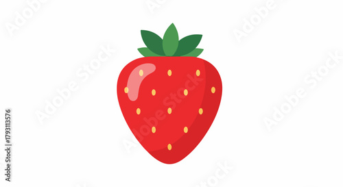 A minimalist flat design icon of a single ripe red strawberry with a green calyx. This simple illustration represents fresh summer fruit, sweetness, and healthy organic food