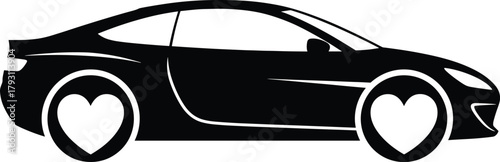 Black silhouette of a sports car with heart shaped wheels, car, silhouette, black, white, heart, wheels, automobile, vehicle, sportscar, coupe, transport, transportation, symbol, icon, love, romantic,