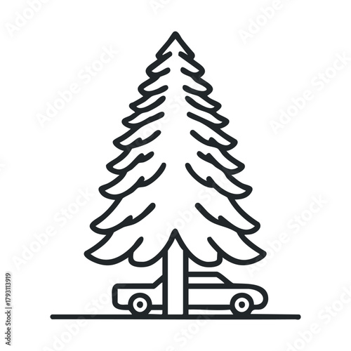 Car driving under tall evergreen tree for nature lovers.Vector outline icon