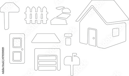 Collection of web icons set.Collection of web icons featuring various house designs and related symbols for digital use.. Flat vector graphic symbols for baby, playtime, and kindergarten.