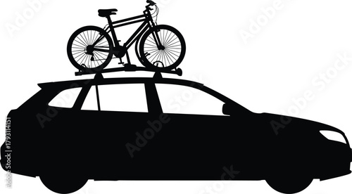 Black silhouette of a station wagon with a bicycle on a roof rack, bicycle, car, station wagon, roof rack, transport, travel, sport, outdoor, recreation, vehicle, black, silhouette, white background, 