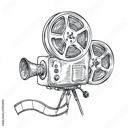 Classic film projector reels with film strip on tripod stand.Vector hand draw