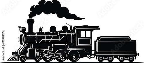 Black silhouette of a steam locomotive with smoke steam train, steam train, locomotive, engine, train, transportation, transport, railway, railroad, vintage, retro, old, historical, black and white, s