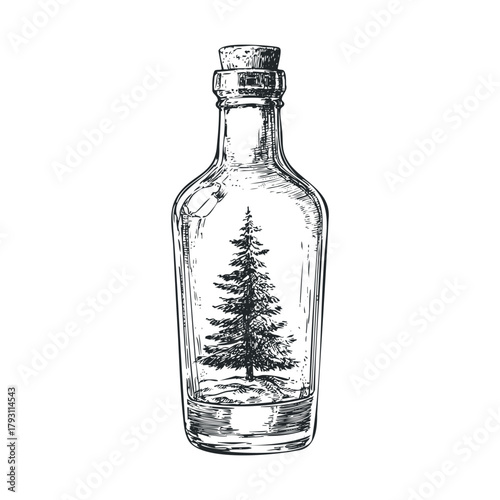 Bottle with a sketch of a tree inside for unique decor ideas.Vector hand draw