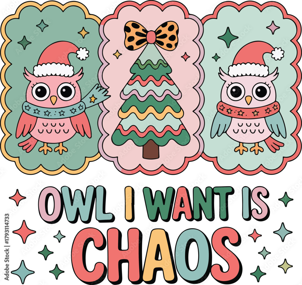 Obraz premium “Owl I Want Is Chaos” – Funny Owl Christmas Shirt in Retro Pastel Colors