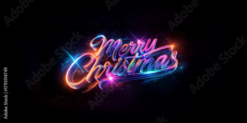 Merry Christmas Neon Light Trails Script Typography on Black Background