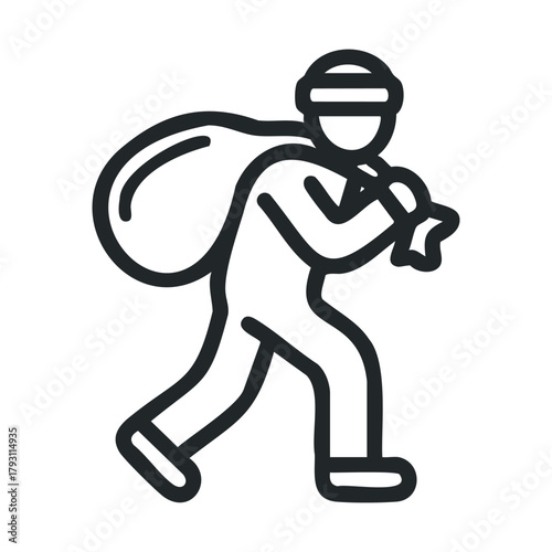 Thief in action with a bag stealing goods at nighttime.Vector outline icon