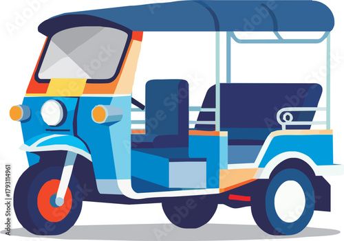 Ride in style with this vibrant blue tuk-tuk! Explore Thailand with this iconic vehicle, perfect for travel adventures and tropical destinations. Enjoy the ride!