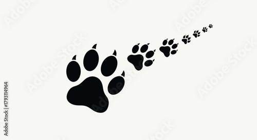 Dynamic paw prints trail across a clean, minimalist white background, symbolizing journey, nature, and animal spirit.