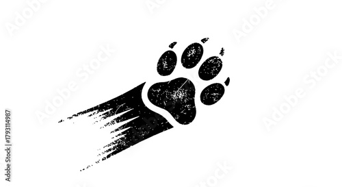 Dynamic distressed paw print graphic leaving a motion trail, perfect for bold branding and wild animal themes