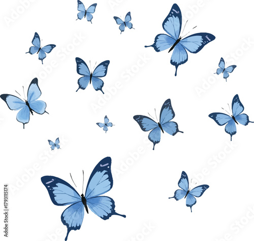 Fluttering of light blue butterflies against a pristine white background