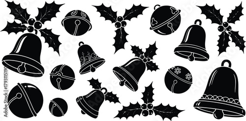 Elegant Christmas bell and holly seamless pattern black and white design