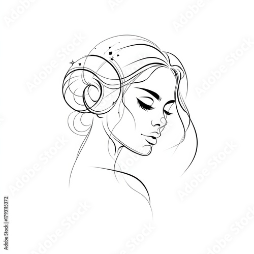 Elegant line art of a woman with ram horns and stars, celestial theme