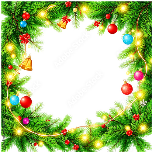 Christmas frame with fir branches, pine cones, and holiday decorations border