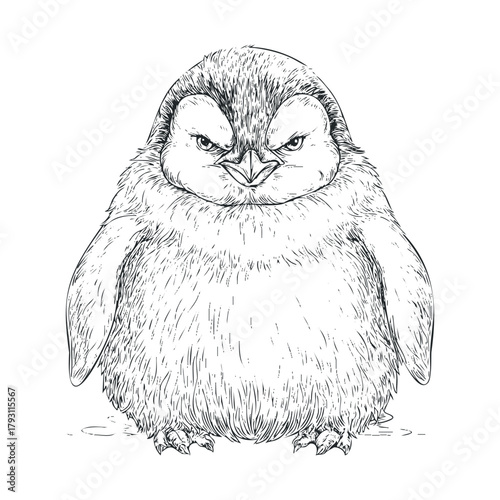 Cute fluffy penguin with a grumpy expression on a snowy background.Vector hand draw