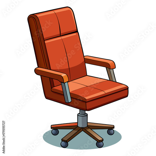 Orange executive office chair with wheels and armrests, isolated