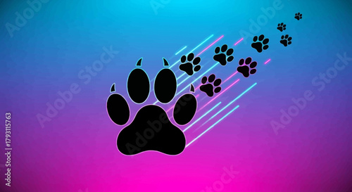 Dynamic paw prints trail across a vibrant neon gradient background, symbolizing movement and exploration with a modern, energetic feel