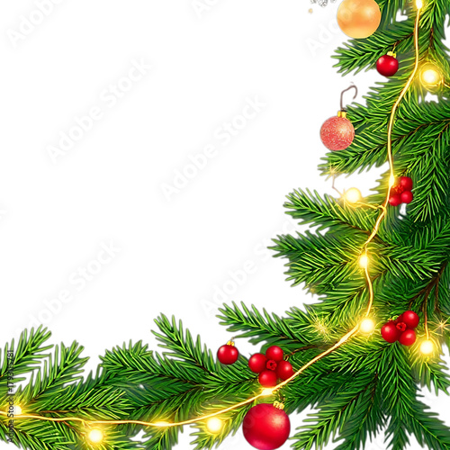 Christmas frame with fir tree branches, red balls, and winter decorations for a holiday celebration