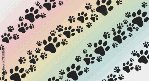 Whimsical paw prints playfully march across a soft pastel gradient, evoking joy and companionship for pet lovers everywhere.