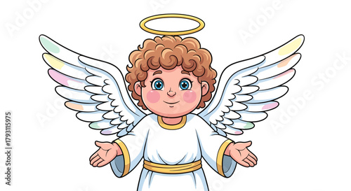 Adorable cartoon angel with outstretched arms and a golden halo radiating heavenly charm