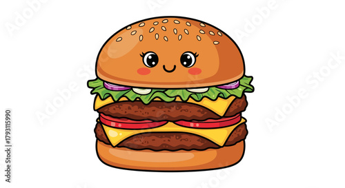 Adorable cartoon double cheeseburger with a happy smiling face and fresh toppings