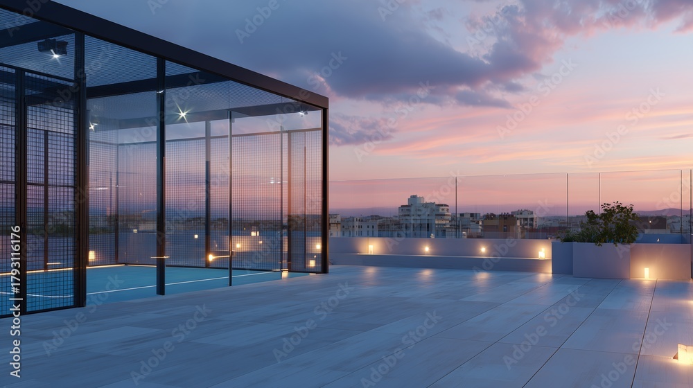 Naklejka premium Modern rooftop sports court under colorful sunset in an urban setting