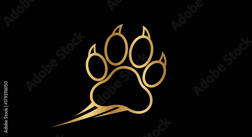 Elegant golden paw print emblem with dynamic motion lines, symbolizing strength and adventure against a deep black background