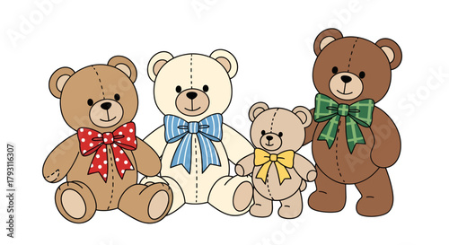 Adorable gathering of diverse teddy bears featuring colorful bows, perfect for children's designs