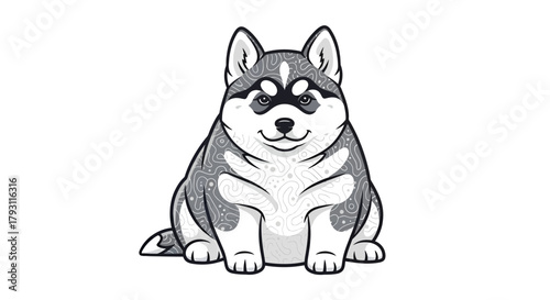 Adorable husky puppy with unique coat pattern sitting calmly on a white background