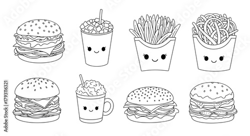 Adorable kawaii monochrome food illustration featuring burgers french fries and drinks