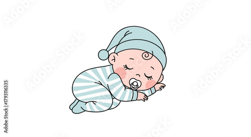 Adorable sleeping baby in striped pajamas and a nightcap resting peacefully illustration