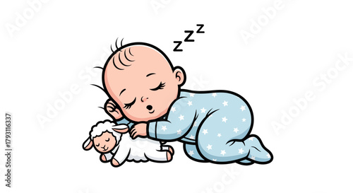 Adorable sleeping baby clutching a plush lamb toy in peaceful slumber illustration