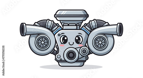 Adorable turbocharged engine illustration, cartoon style with expressive eyes conveying automotive