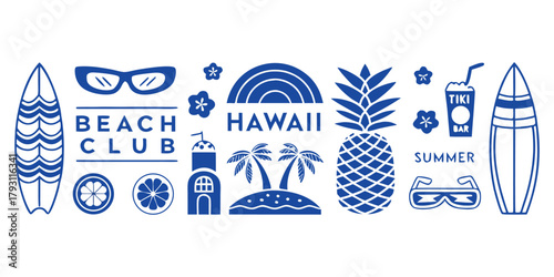 Blue Tropical Beach Hawaii Tiki Bar Summer Icons and Text on White Background beach club surfboard