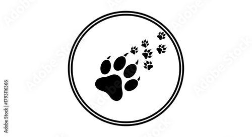 Dynamic paw prints trail within a modern circular emblem, symbolizing animal exploration and wild journeys
